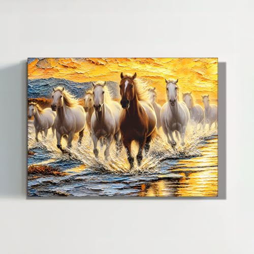 Image of PAINTINGMANTRA 9 Running Horses Vastu Stretched Canvas Painting For Living Room| Strength & Forward Energy Nine Horse Painting for Bed Room, Home & Office, 16x22 Inch