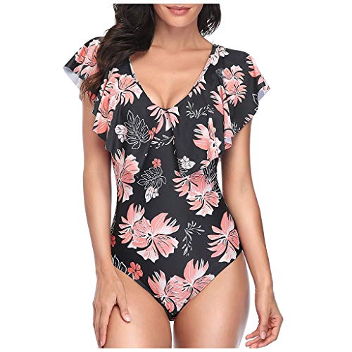 Preisvergleich Produktbild QIMANZI Badeanzug Damen Einteilige Push Up Schlankheits Bademode Rückenfrei Schwimmanzug Retro Bademode Verstellbarer Schultergurt Badeanzüge Figurformender Strandmode(B Orange Blumen,XXL)
