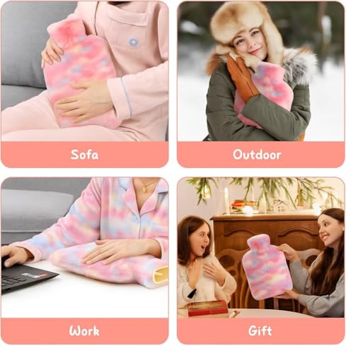 Image of Hot Water Bag with Soft Plush Cover 1000ml Medical Grade Silicone Hot Water Bottle for Period Cramps, Hot & Cold Therapy, Back Pain, Muscle Aches, Body Relaxation Heating Pad (Rainbow Swirl)