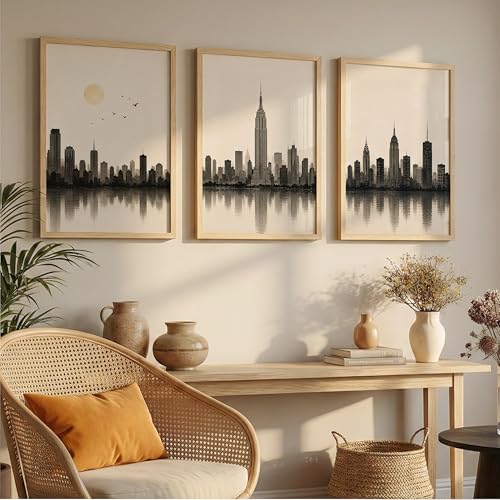 Image of Set of 3 Modern City Skyline Wall Art Paintings for Living Room | Minimalist Urban Cityscape Wall Decor | Neutral Beige Framed Wall Paintings for Bedroom, Office, Hall & Home Decoration (10x13 Inches)