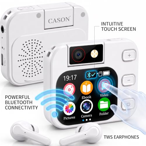 Image of Cason Mini MP3 Music Player with Bluetooth & 180 Rotating Mini Camera,Touch Screen Audio Player with Built-in Speaker, Pocket-Sized MP3 Player with FM Radio,E-Book -Expanded Up to 128GB (White)