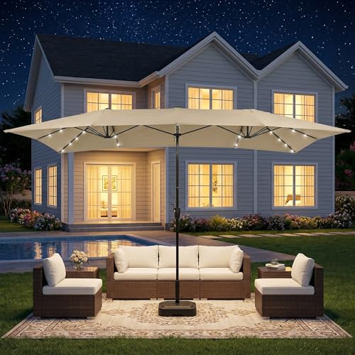 KioGro 1515ft Rectangular Patio Umbrella 36 Solar LED Lights Crank Beige