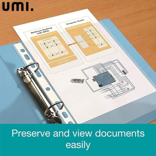 Image of Amazon Brand - Umi A4 Documents File Storage Envelope Transparent File, 100 Pcs Clear Plastic Folder Punched Pockets for Filing Paper and Documents 60 microns