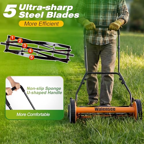 Image of Walensee 18-Inch Manual Lawn Mower, 5-Blade Push Reel, 9 Heights | Precision-Ground Alloy-Steel Blades Deliver Clean Scissor-Like Cuts, While Manual Cordless Operation Keeps Lawn Care Quiet