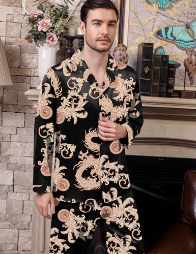 SWOMOG Men Pajamas Matching Pajamas Set Silk Satin Pj Long Sleeve Button Down Sleepwear 2 Pcs Loungewear2