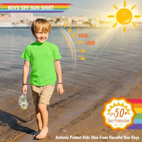 Boys Swim Shirts Short Sleeve Rash Guard Sun Protection UV SPF T Shirts Rashguard Swimwear Fishing Water Beach Tee Lightweight for Toddler Youth Kids Neon Green 5T2