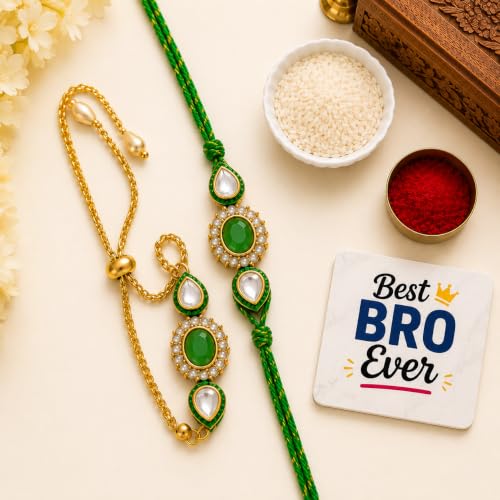 Image of eCraftIndia Designer Green Kundan Bhaiya Bhabhi Rakhi with Best Bro Ever Fridge Magnet, Premium Lumba Rakhi Set for Brother & Bhabhi, Raksha Bandhan Gift with Roli Chawal