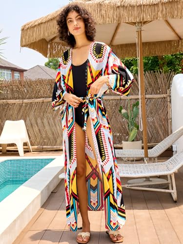 Image of Women's Kimono Cover Up Long Beach Dress Swimsuit Cover Ups Colorful Cardigan Lightweight Robe for Swimwear