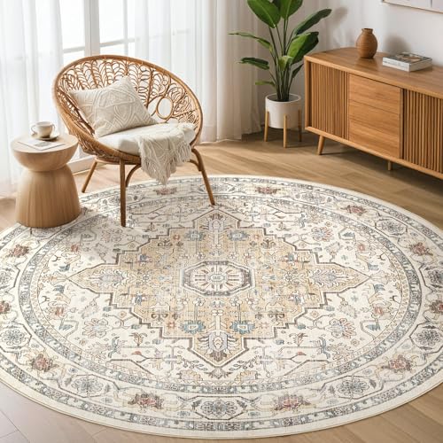 Round Rug Living Room Rugs: 6Ft Washable Boho Neutral Large Circle Soft Indoor Floral Stain Resistant Floor Farmhouse Carpet for Bedroom Nursery Kids Playroom Office Dining Room Dorm Home- Cream Blue