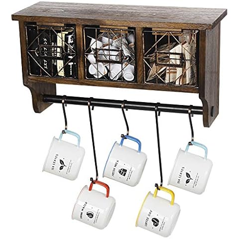 Butizone Rustic Wall Mounted Coat Rack Shelf with Hooks and Baskets, Wood Coffee Mug Storage and Display Organizer, Hanging Entryway Shelf for Coats, Hats, Towel and Keys, Brown Cover