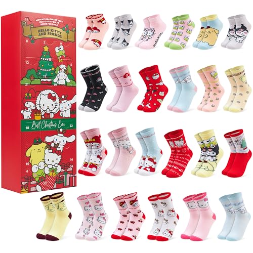 Hello Kitty Sanrio Calendario Adviento 2025 con 24 Pares Calcetines Niña Adolescentes y Mujer, 33-40, Kuromi Cinnamoroll, Regalos de Anime