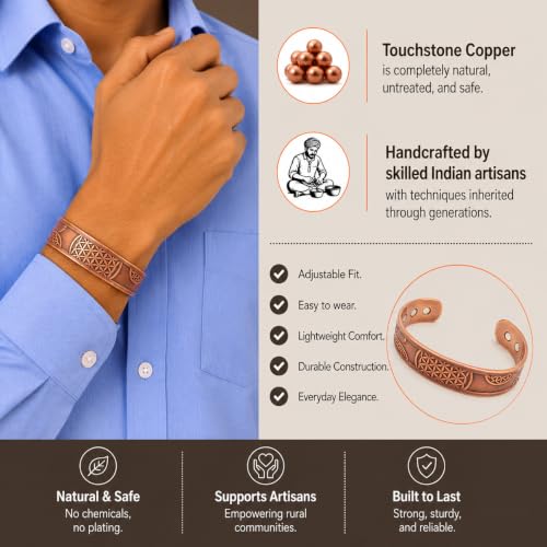 Image of Touchstone copper bracelets | gift for men women |adjustable 100% pure solid real magnetic jewelry | handmade bracelet set combo | celtic om inscribed tibetan bangles. Set of 3 different designs