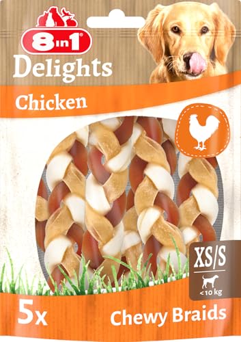 8in1 Delights Chewy Braids XS/S - leckerer Kausnack für kleine Hunde, bissfeste Rinderhaut mit köstlichem Huhn, 75g Beutel (5 Stück)
