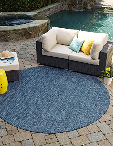 Unique Loom Collection Casual Transitional Solid Heathered Indoor/Outdoor Flatweave Area Rug (5 1 Round Blue/Navy Blue)