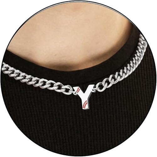 Baseball Necklaces for Boys Stainless Steel Initial Necklace with Letter A-Z 6.5mm Cuban Chain Adjustable Gifts for Men Boys 16+2 Inches