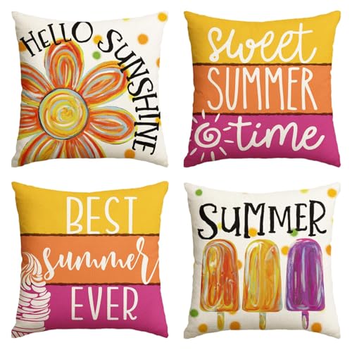 AVOIN colorlife Hello Sunshine Floral Sweet Summer Time Throw Pillow Covers 16 x 16 Inch Popsicle Ice Cream Polka Dots Stripes Best Summer Ever Holiday Seasonal Cushion Case Decorations Set of 4