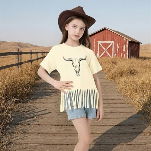Image of Wrenpies Girls Western Fringe Shirt Long Live Cowgirls Country Rodeo Shirts Kids Cow Skull Graphic Tees Tassel Fringe Tops