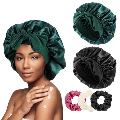 2 Pcs Silk Bonnet with Tie and 3 Scrunchies,Large Silk Hair Bonnet for Sleeping,Slip-Resistant Bonnets for Women,Braids, Curly Hairs,Hair Care All Night(Black,Green)