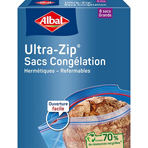 ALBAL Sacs Congélation Ultra Zip, grand modèle 8 L, 70% de ressources recyclées, Triple épaisseur, Ouverture facile, Fermeture à zip hermétique, Application Food Saver, 33 x 38 cm Cover