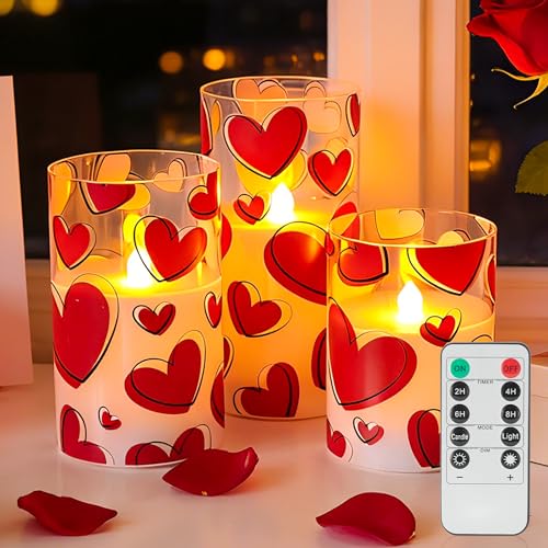 Image of Valentines Day Flameless Candles with Remote, Red Heart Glass Battery Operated Candles, Real Wax Flickering LED Pillar Candles for Proposal Wedding Anniversary Romantic Night, 3 Pack