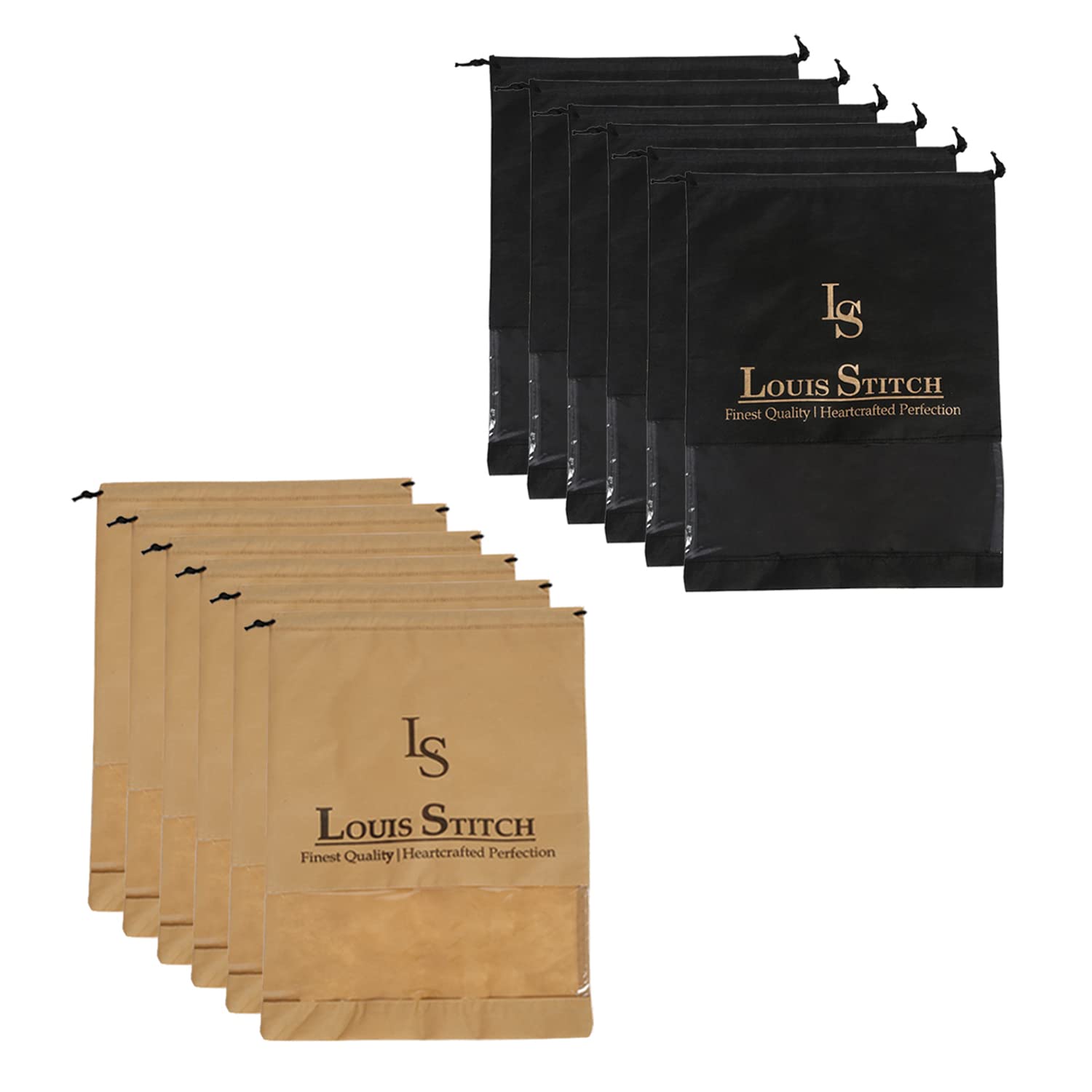 LOUIS STITCH Non-Woven Shoe Bag Travel Accessories Shoes Storage Cover Waterproof String Bag's Organizer Combo for Men Women Unisex (Pack of 12) (Black & Beige See-Thru)