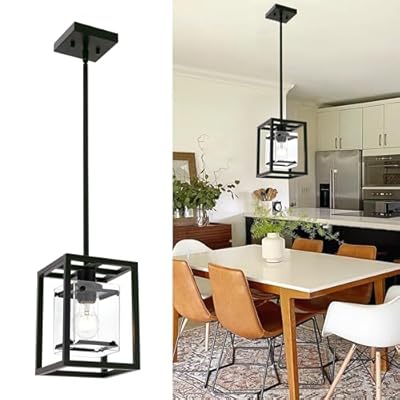 MELUCEE Black Pendant Lighting for Kitchen Island 1-Light Farmhouse Lantern Light Fixtures Ceiling Hanging with Rectangular Clear Glass Shade Mini Chandeliers for Dining Room Entryway Hallway