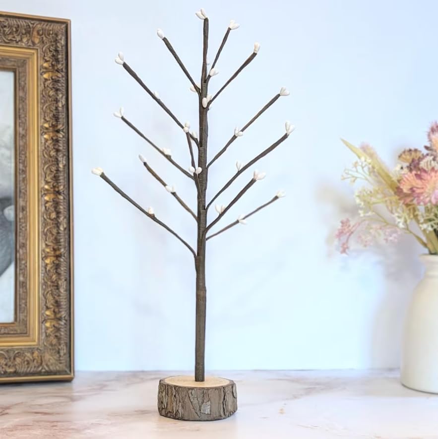 Handmade Wire Tree Decor with Natural Wood Base - 14-Inch Tabletop Ornament Display & Jewelry Holder Stand - Rustic Brown Bark with Heart Leaves (Blue)