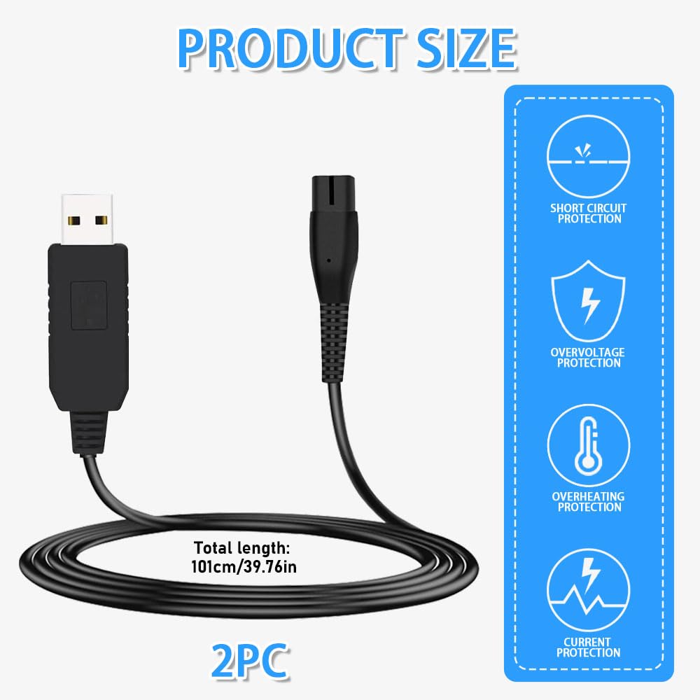 Kabel do ładowania 4,3 V A00390 kompatybilny z Philips One Blade QP2520 QP2570 QP2620 MG3730 MG3720 MG5720 BT3208 BT3206, 2 x przewód USB do ładowania golarki Norelco