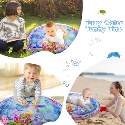 Aolso Wassermatte Baby, Runden Aufblasbare Spielmatten 100 x 100cm, befüllbar mit Wasser,BPA-frei Faltbar Wasserspielmatte,Baby Spielzeug 3 6 9 Monate - Siegel Stil (Blau)