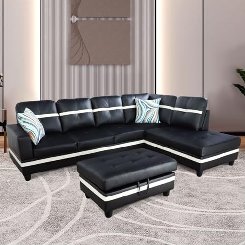 Image of L-Shaped 3-Piece Semi PU Synthetic Leather Sofa with Storage Ottoman Set, Sectional Couch Sofa Set for Living Room, Office, Small Space, Black and White