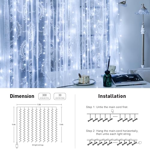 Jmexsuss EXS-C-0300-R 300 Led 9.8X9.8Ft White Curtain Lights With Remote, White Christmas Lights Indoor Plug In, 8 Modes White String Lights For Bedroom Wall Wedding Reception Party Backdrop Window Decorations thumb #5