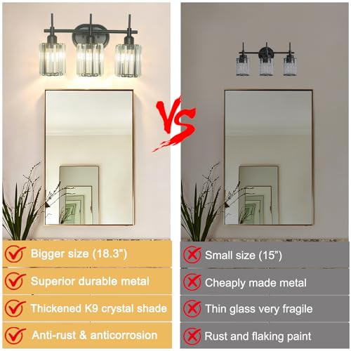 Image of Black Bathroom Vanity Light, 3-Light Bathroom Lighting Fixtures Over Mirror, Modern Crystal Wall Sconces with Crystal Clear Shades for Bedroom Living Room