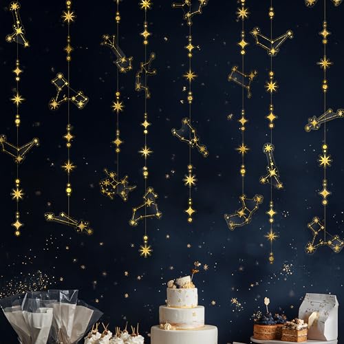 Cheerland Glitter Celestial Party Decorations Constellation Birthday Decoration Star Garlands Witchy Backdrop Astrology Decor Zodiac Theme Banner Hanging Stars Streamer Galaxy Party Suppplies (Gold)