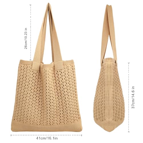 Image of COOKOOKY Lined Crochet Tote Beach Shoulder Bag Women Casual Work Shopping | Lined crochet tote with soft structure, perfect for beach, work, shopping. Roomy & lightweight for daily use.