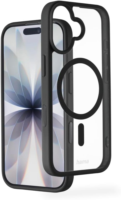 Mobile Phone Case for iPhone 17 and MagSafe (Magnetic Case for Inductive Charging, Edge Protection, Camera Protection, Non-Slip Surface, Protected Side Buttons) Transparent/Black
