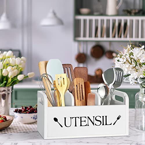 MEMOORIAL Utensil Holder for Kitchen Counter, Rustic Large Kitchen Utensil Organizer with 3 Compartments, Utensil Caddy Farmhouse Kitchen Decor for Flatware, Cooking Tools Storage - Thumbnail 4