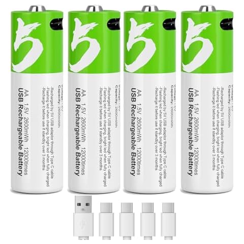seyyen Rechargeable Lithium Batteries aa 4 Pack,1.5V Constant Voltage 2600mWh Li-ion AA Batteries with 4 in 1 USB-C Charge Cable Cover