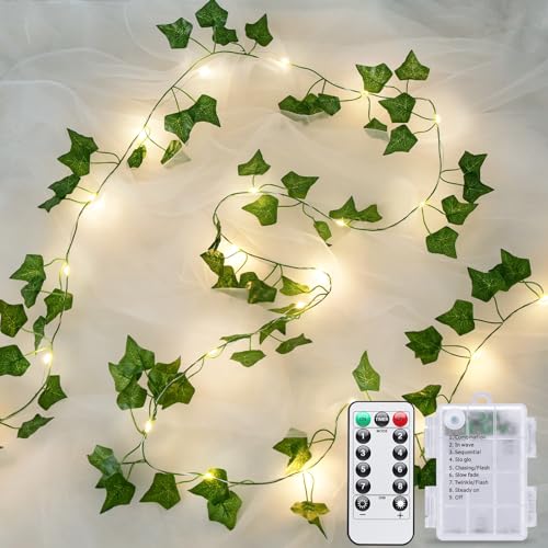 JMEXSUSS 33Ft Vines with Lights Battery Operated, 100 LED Ivy Vines with Fairy Lights Leaf with...