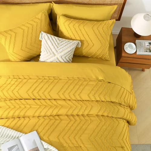 Image of Litanika Queen Size Comforter Set with Sheets Mustard Yellow - 7 Pieces Bed in a Bag Queen Chevron Tufted Complete Bedding Sets with Comforter, Sheets, Pillowcases & Shams