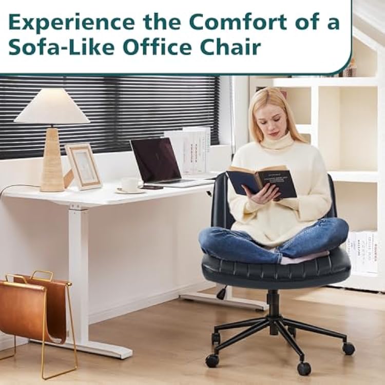 OLIXIS Criss Cross Chair with Wheels Wide Cross Legged Office Desk Vanity Chair Comfy Fabric Armless Adjustable Swivel for Home Computer Task PU Black