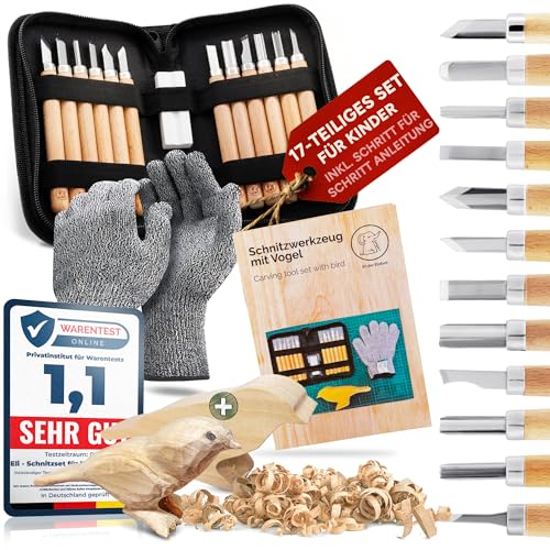 Eli® Schnitzset für Kinder (17-teilig) inkl. Schnitzanleitung - Rohling aus Holz Vogel - 12 hochwertige Schnitzwerkzeug - Schnitzmesser mit Schleifstein - prakt. Tasche zum Schnitzen