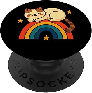 Cute Cat Sleeping on Rainbow Funny Art PopSockets Adhesive PopGrip