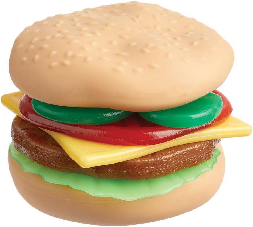 Stretchy Burger Sensory Toy Play Food 7pc Set, Stackable Stretchy Hamburger Toy with Toppings and Bun