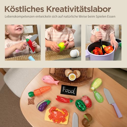 Foto von GILOBABY Kinderküche Zubehör, Spielküche Zubehör, Küchenzubehör Kinder Spielzeug Lebensmittel mit Topfset und Kochgeschirr, Lernspiele Kinderspielzeug Geschenk für Mädchen Geburtstag ab 3 Jahre (Rosa)