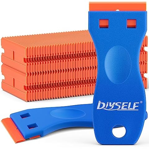 DIYSELF 2 Pack Plastic Razor Blade Scraper, Extra 100Pcs Plastic Razor Blades Refills, Plastic Scraper Tool, Razor Scraper Tool, Blade Scraper Tool for Removing Vinyl, Decals, Stickers, Labels, Glue Cover