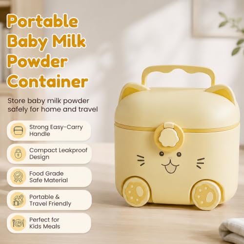 Image of Uonibaby by StarAndDaisy formula milk container for baby milk powder container with scoop , portable Formula Dispense, Airtight First Feed Baby food Storage container / Box for travel 200 grams- Kitty Yellow