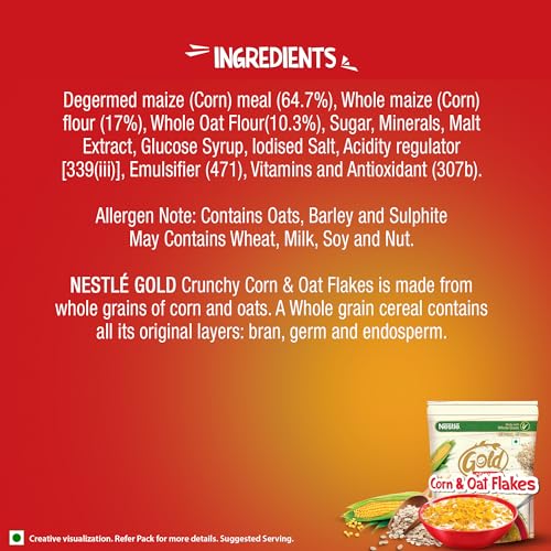 Image of Nestle Gold Crunchy Corn & Oat Flakes - Breakfast Cereal With Immuno-Nutrients|Made With Whole Grains & The Goodness Of B Vitamins, Calcium & Vitamin D, 475g, Bag-In-Box Pack (Pack of 2)
