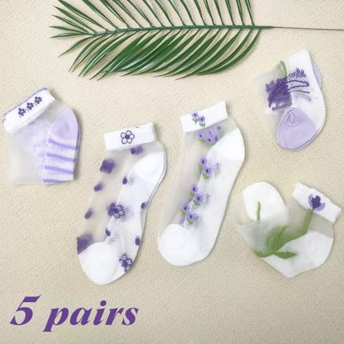 Image of Womens Girls Nylon Socks Sheer Summer Transparent Ankle Socks Mesh Thin Novelty Socks Lilac Flower