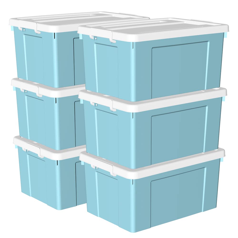 Cetomo 65L*6 Caja de Almacenamiento con Ruedas, Caja de Plástico con Tapa y Cierre Seguro, Contenedor de Almacenamiento Grande, Duradera, Apilable, Resistentes, Azul, Paquete de 6 de 65L