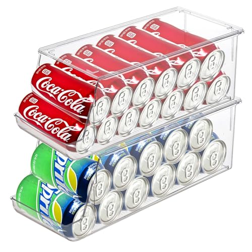 euoloar 2 Pack Soda Can Organizer for Refrigerator Stackable Can Holder Dispenser with Lid for Fridge Rack Freezer, Clear Storage Bins-Holds 12 Cans Each (Clear)